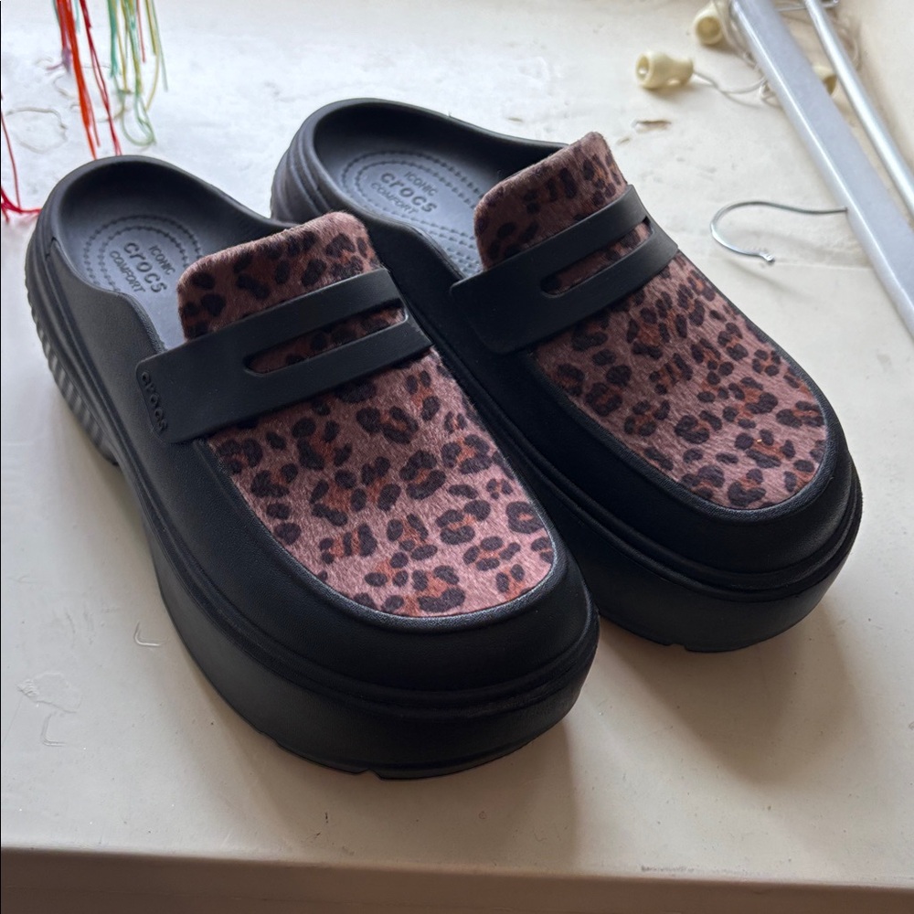 CROCS Leopard Print Flats in Black and Brown
